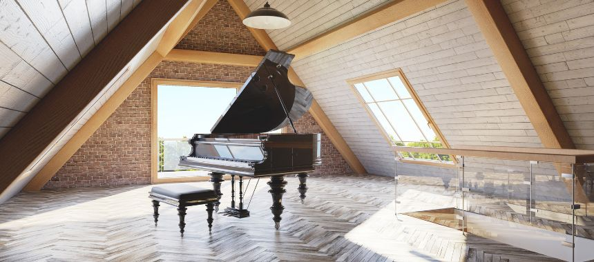 A stylish lofted barn with piano. Source: Canva