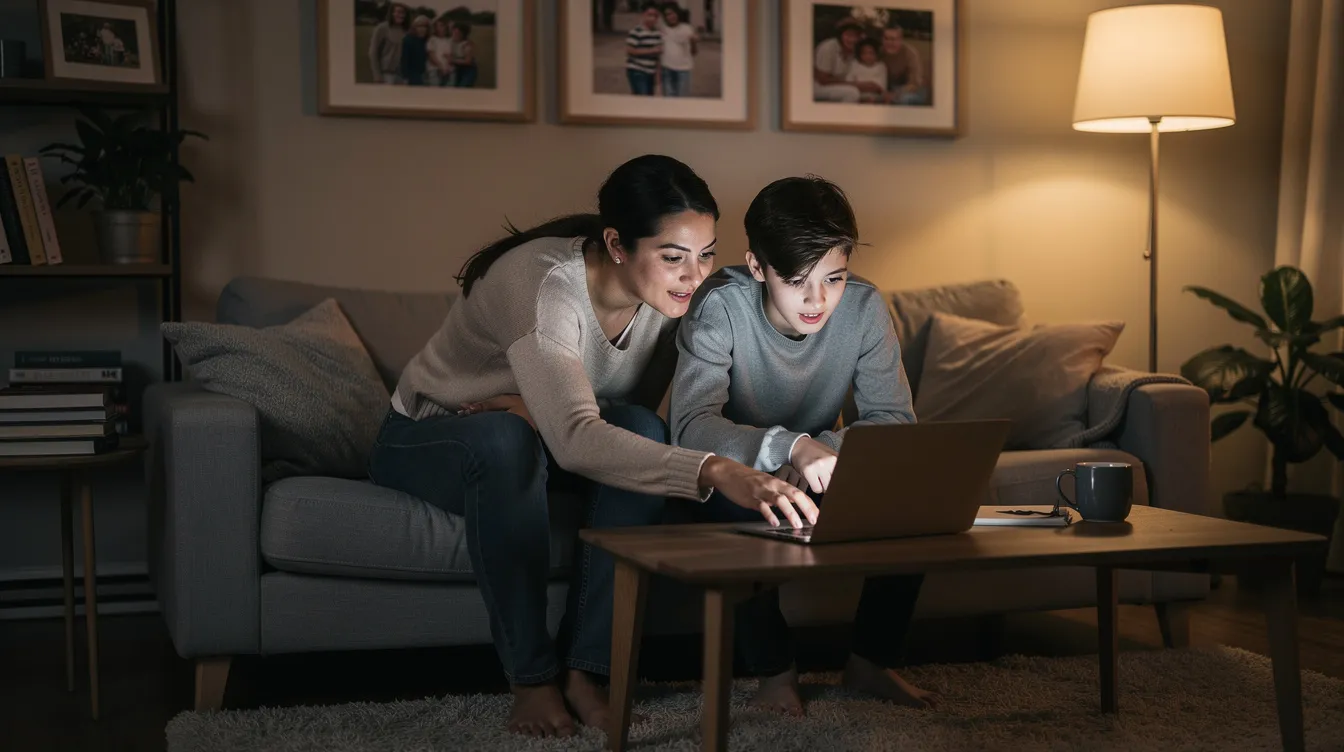 A parent and teenager are sitting together in a warmly lit living room, intently looking at a laptop screen, possibly exploring online therapy options for mental health care. The scene reflects a supportive environment where they are discussing mental health needs and treatment options together.
