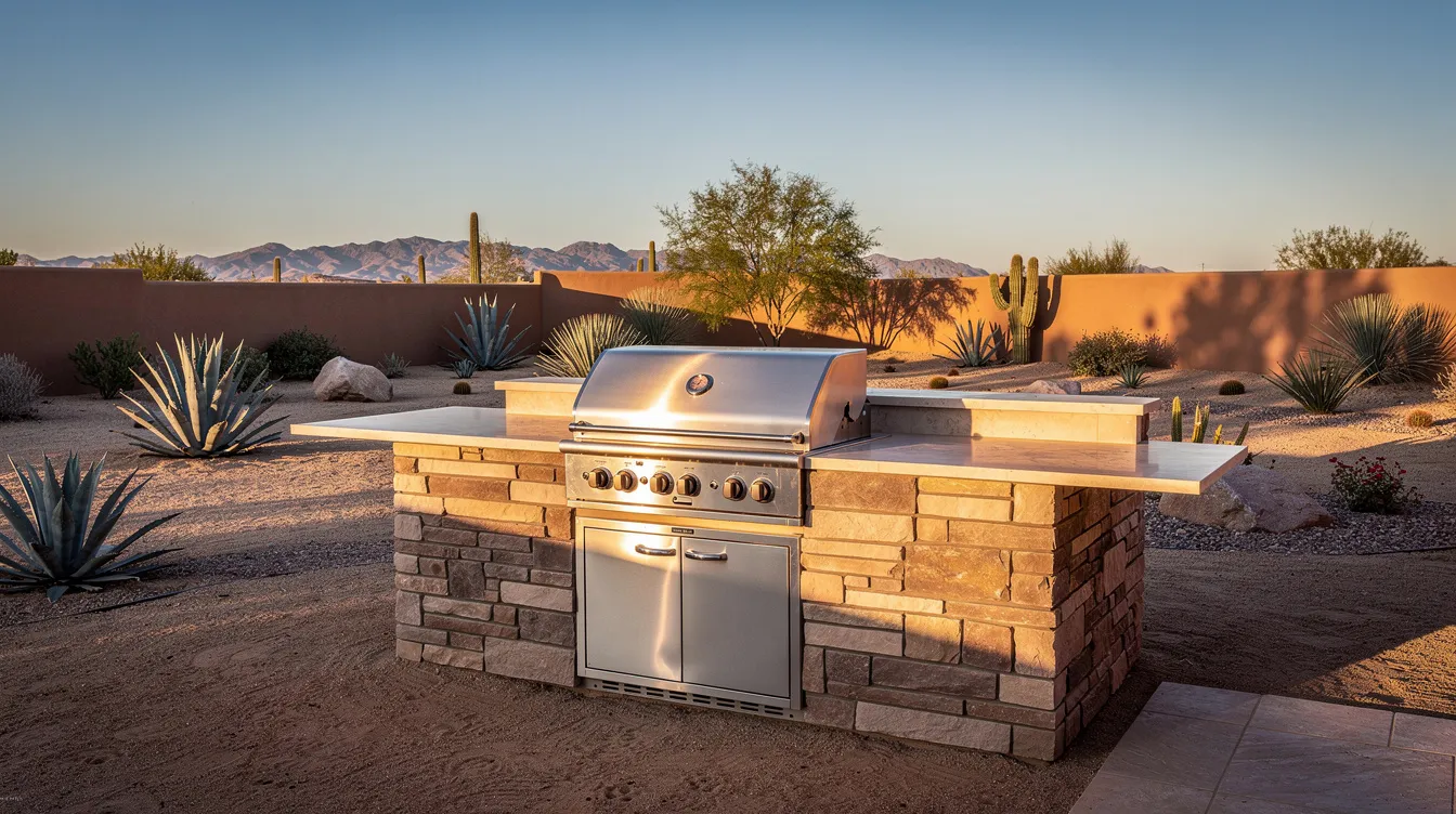 The image depicts a modern outdoor kitchen featuring a stainless steel grill and a stone countertop set in a desert backyard, surrounded by a well-designed hardscape that may include elements like a retaining wall and patio. This functional outdoor space is ideal for entertaining and cooking, showcasing the durability and style of hardscaping materials.
