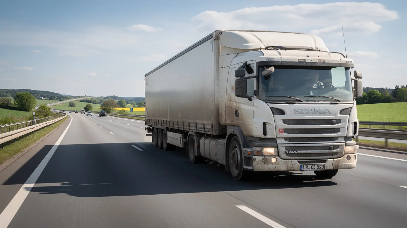 Ein schwerer Sattelzug mit Auflieger fährt auf einer Autobahn bei Tageslicht. Der Lkw ist mit einer großen Last beladen, die die Tragfähigkeit und den Lastindex der Reifen beeinflusst, während er mit einer Geschwindigkeit von bis zu 240 km/h unterwegs ist.