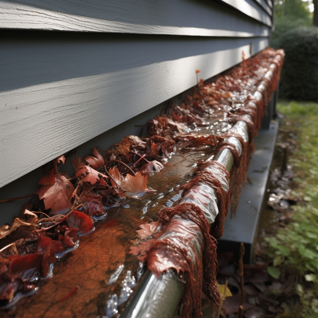 A picture of a house with clogged gutters