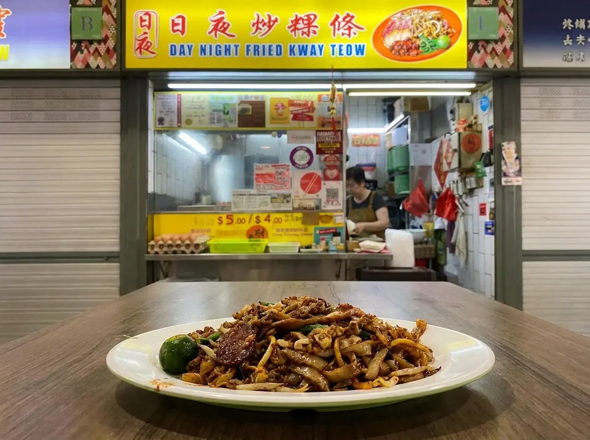 "A white plate of stir-fried Char Kway Teow with a lime on the side sits on a wooden table, in front of the 'Day Night Fried Kway Teow' hawker stall."