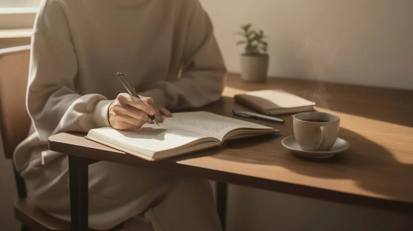 A person is seated at a desk, writing in a journal with a cup of tea nearby, creating a tranquil atmosphere. This scene evokes a sense of calm that may help with sleep quality, as caffeine consumption from drinks like tea can affect feelings of alertness and the ability to fall asleep.