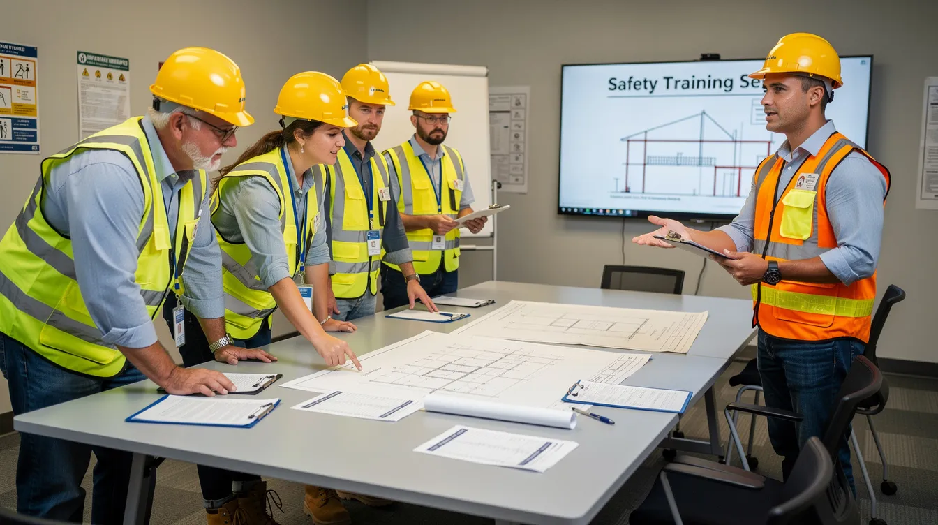 A group of construction professionals, all wearing safety gear, are gathered in a training room as they review documents together. This setting highlights the importance of workforce development and skilled labor in the construction industry, emphasizing merit shop principles and the benefits of tailored safety training.