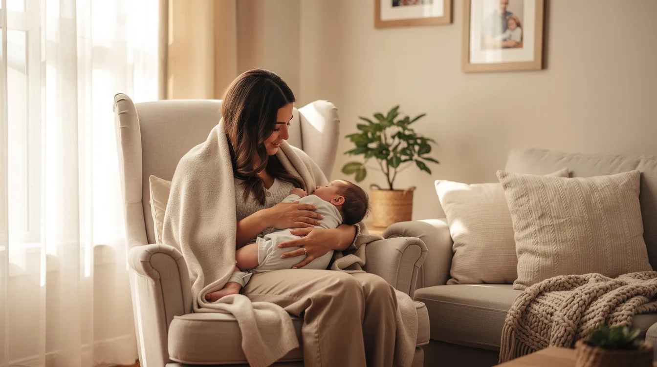 The image depicts a mother comfortably breastfeeding her infant in a cozy home environment, highlighting the intimate bond between them. The scene suggests a nurturing atmosphere, which is essential for breastfeeding, as the mother supports her baby's latch for optimal feeding.