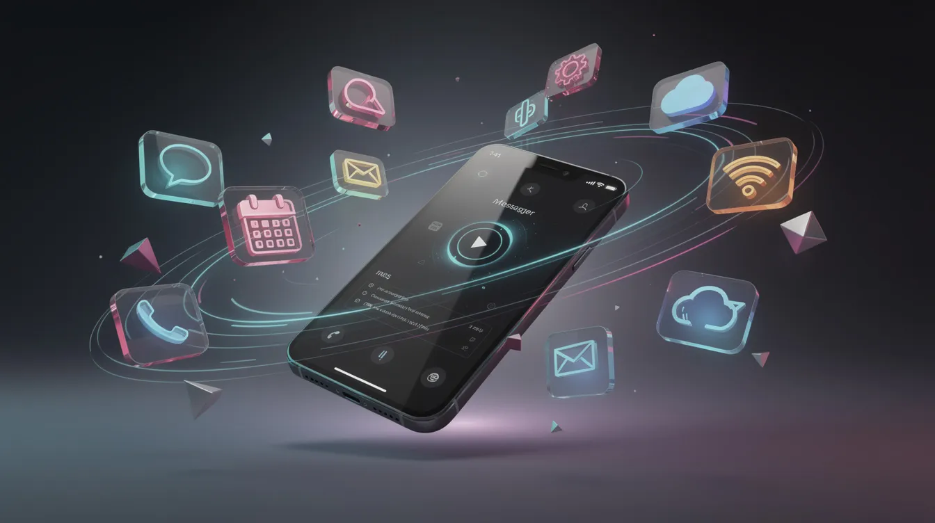 The image depicts a modern digital assistant concept featuring a smartphone surrounded by floating notification icons, symbolizing various AI features and intelligent search capabilities. This abstract representation highlights the evolution of search engines, emphasizing the integration of artificial intelligence in enhancing user experience and search queries.