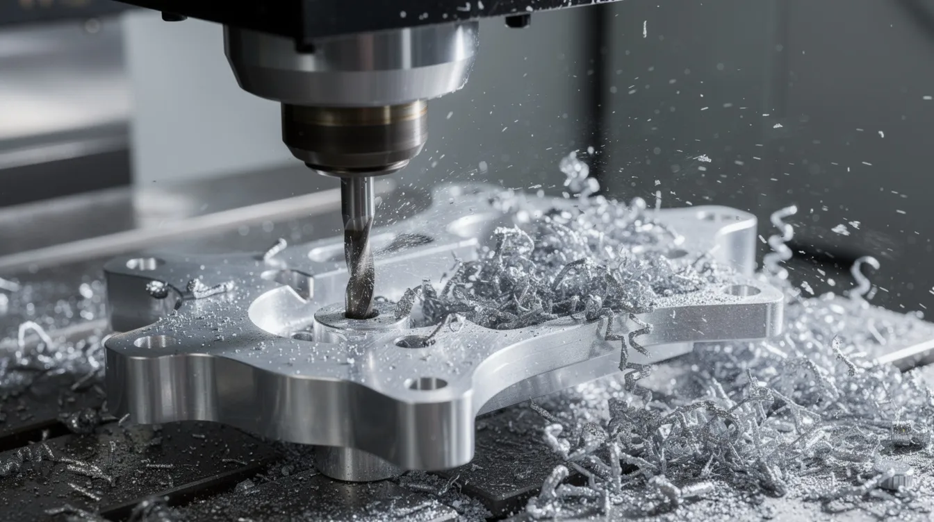 The image shows a close-up of a CNC milling machine in action, precisely cutting an aluminum aerospace bracket while coolant sprays onto the workpiece to maintain temperature and enhance the machining process. This scene highlights the intricacies of precision CNC machining in industrial applications.