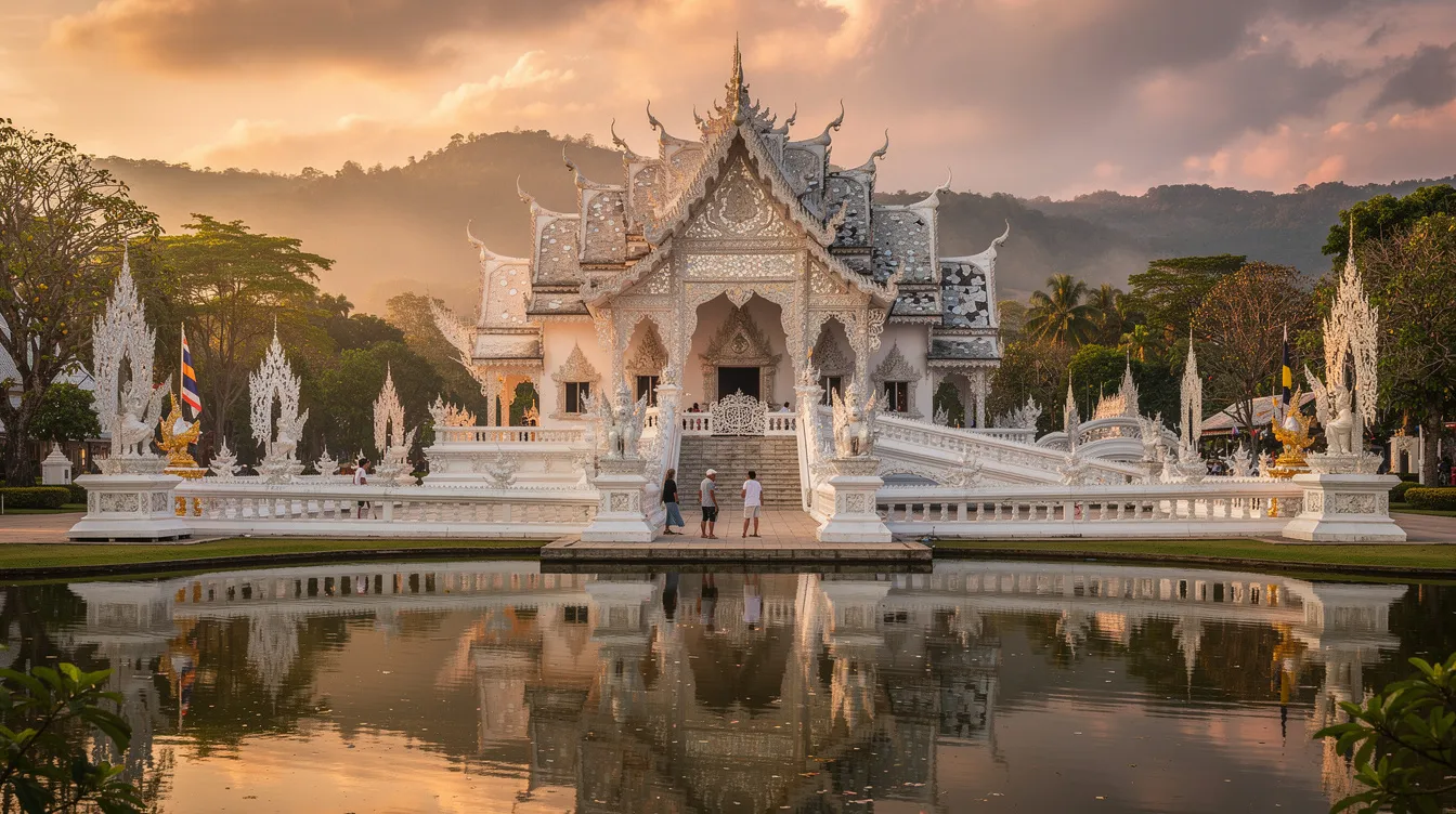 A imagem mostra uma vista panorâmica da cidade de Chiang Rai, na Tailândia, destacando seus templos impressionantes e a vegetação exuberante ao redor. É um destino popular entre turistas que buscam explorar a cultura tailandesa e suas atrações, como o famoso Wat Phra Kaew e sua rica gastronomia.