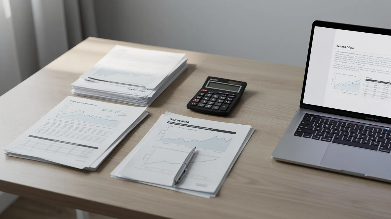 The image depicts a professional desk cluttered with various financial documents, a calculator, and a laptop, suggesting a workspace focused on preparing a well-structured project report or business plan. This setup may include essential elements for a mudra loan project, such as cash flow statements and market analysis, aimed at supporting small businesses in their financial needs.