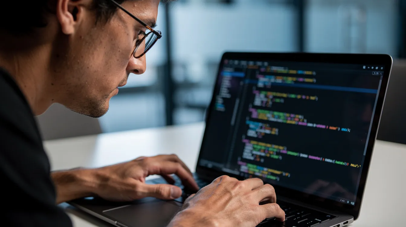 Eine Nahaufnahme zeigt eine Person, die konzentriert an einem Laptop arbeitet und den Code auf dem Bildschirm überprüft, um die Validierung von Daten sicherzustellen. Die Atmosphäre vermittelt ein Gefühl von Fokussierung und technischer Präzision in einem alltäglichen Arbeitskontext.