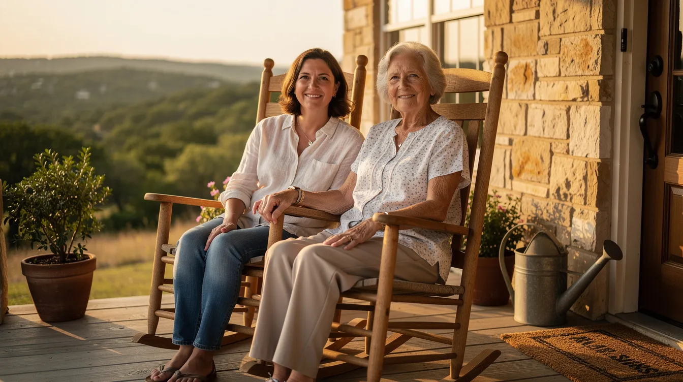 The image shows an adult daughter and her elderly mother sitting together on a front porch in the serene Texas Hill Country, both appearing relaxed and enjoying each other's company. This scene reflects the importance of respite care and support for family caregivers, highlighting the emotional and physical well-being of both the caregiver and their loved one.