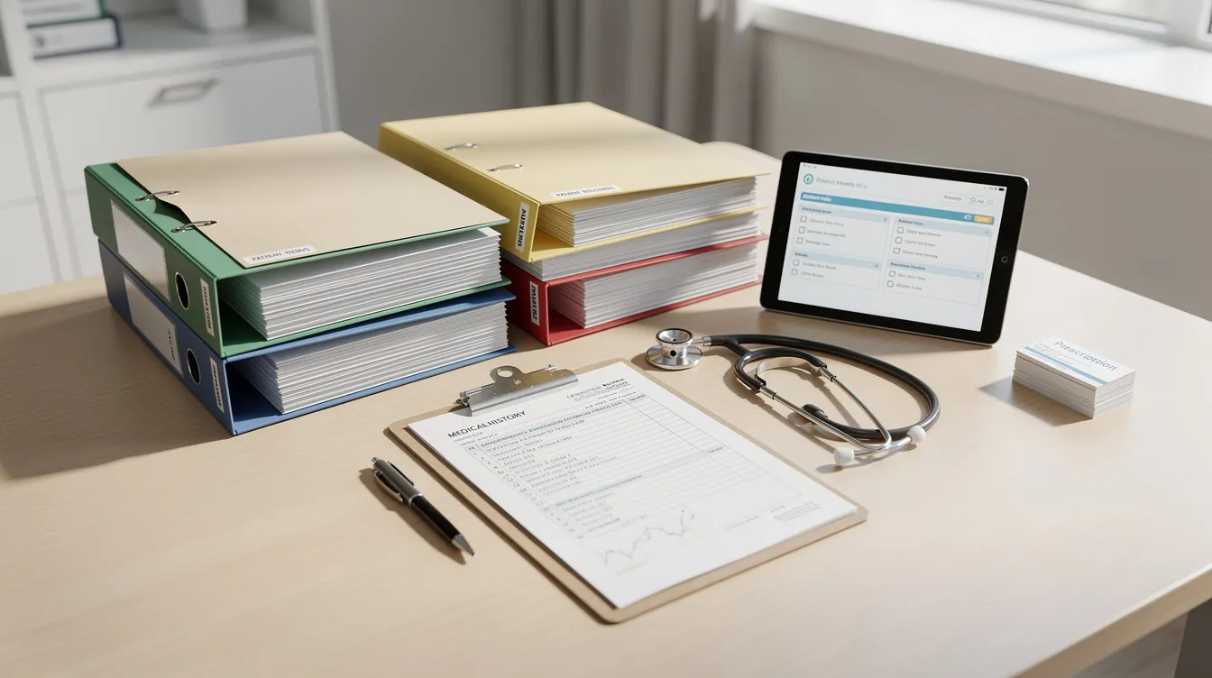 The image depicts a neatly organized desk filled with medical files and documents, likely related to social security disability claims and neurological disorders. Various papers are stacked and sorted, suggesting a focus on medical evidence and documentation necessary for applying for disability benefits.