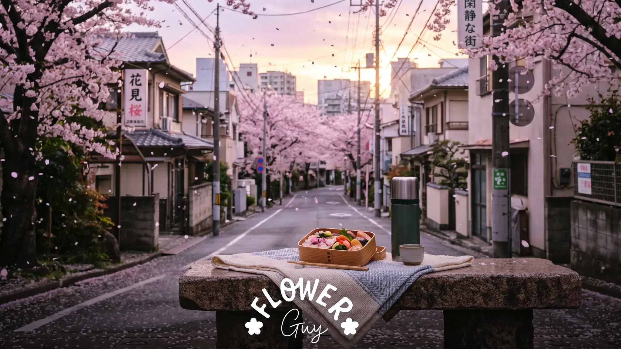 Cherry blossom canopy at dawn over an empty bench set up for hanami flower viewing