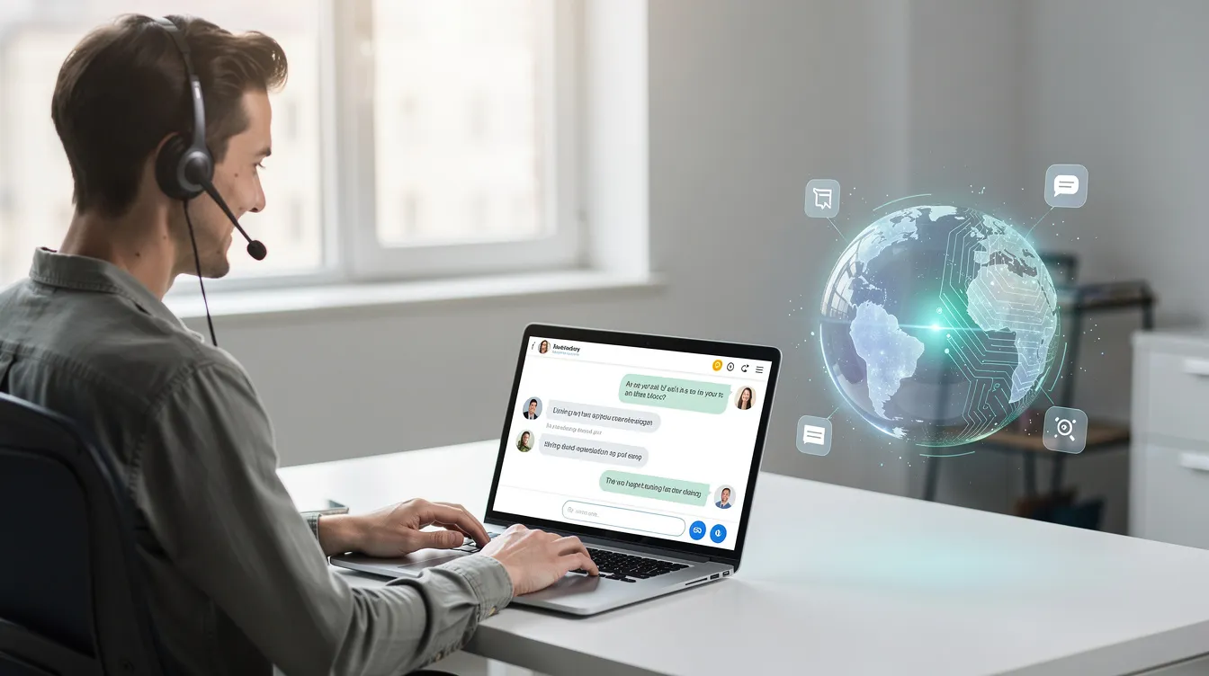 The image depicts a support agent seated at a desk, engaging with a laptop displaying a customer service chat interface, while a digital assistant visualization is present nearby. This scene highlights the integration of AI in customer service operations, emphasizing the role of support agents in enhancing customer satisfaction through effective customer interactions.