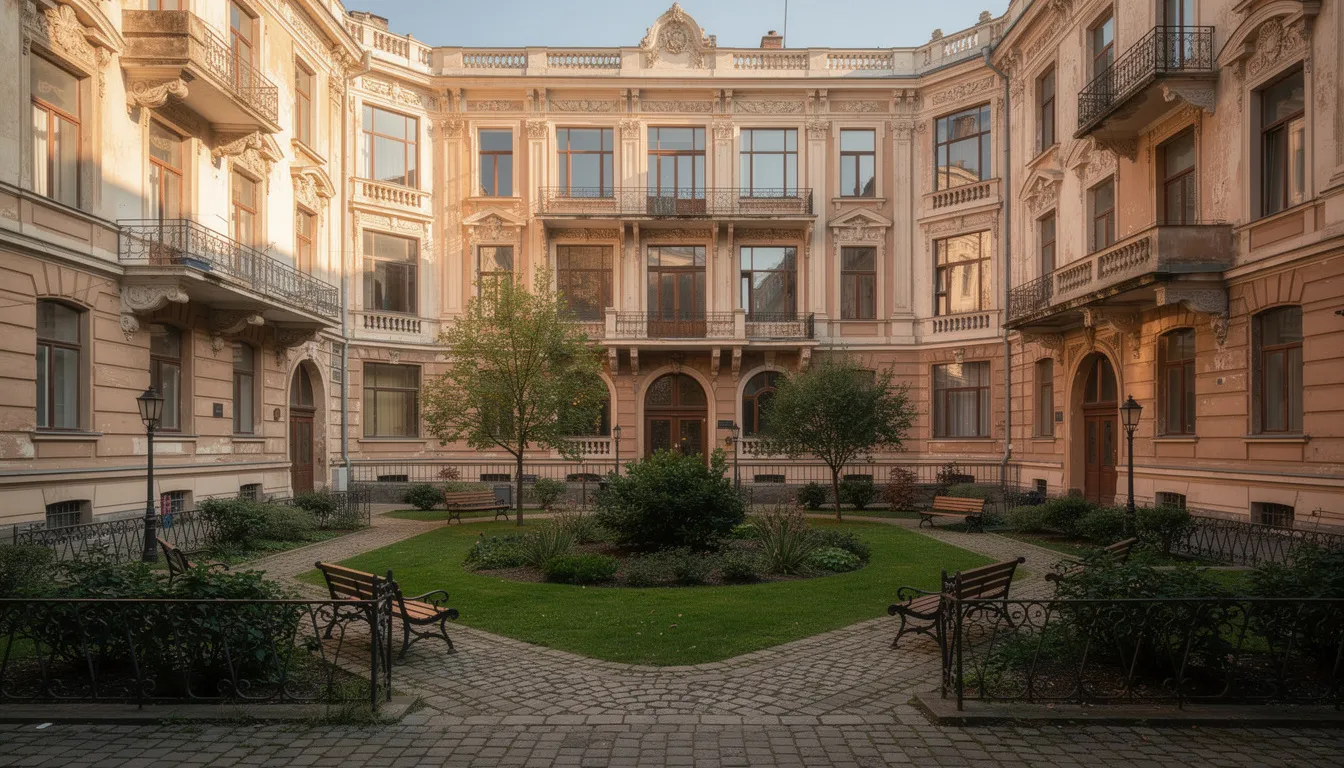 Na zdjęciu widoczna jest elegancka przedwojenna kamienica w sercu starego Żoliborza, otoczona zielonym podwórkiem i dużymi oknami, które nadają jej wyjątkowy charakter. Budynek znajduje się w cichej okolicy, idealnej dla osób szukających przestronnego mieszkania w Warszawie.