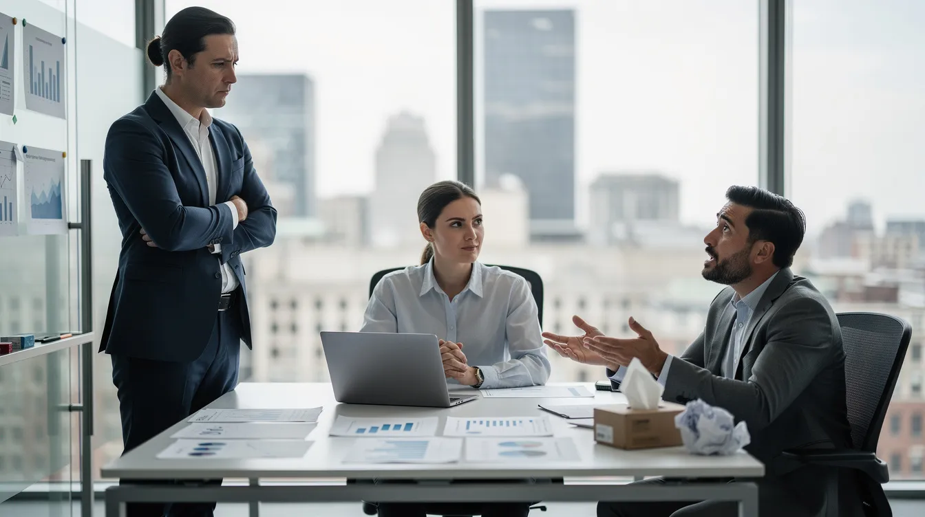 L'image montre trois personnes dans un bureau, chacune affichant une attitude distincte : l'une est autoritaire, l'autre calme et analytique, tandis que la troisième est émotive. Cette scène illustre les différentes dynamiques de communication et de relations au travail, en lien avec l'analyse transactionnelle d'Éric Berne.