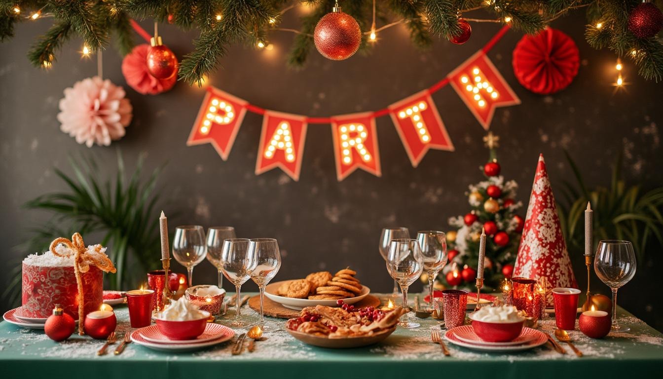 A festive holiday party setup with a cohesive theme and decorations.