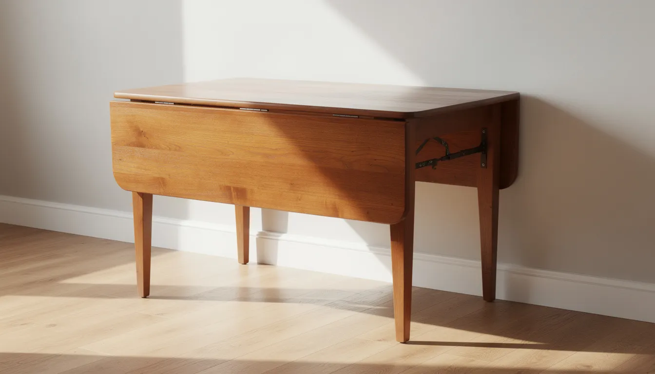 A wooden drop-leaf dining table is positioned against a bright apartment wall, with one leaf folded down, showcasing its compact design ideal for small dining spaces. This stylish table, perfect for everyday living or accommodating guests, highlights the versatility of space-saving dining furniture in modern interiors.