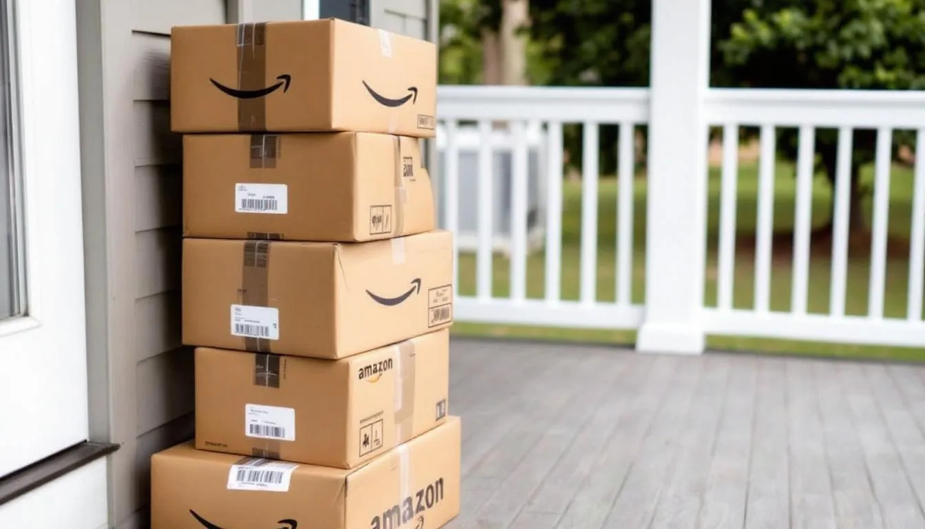 A stack of brown Amazon packages is neatly arranged on an outdoor front porch, october prime day and july prime day has been very popular the past few years