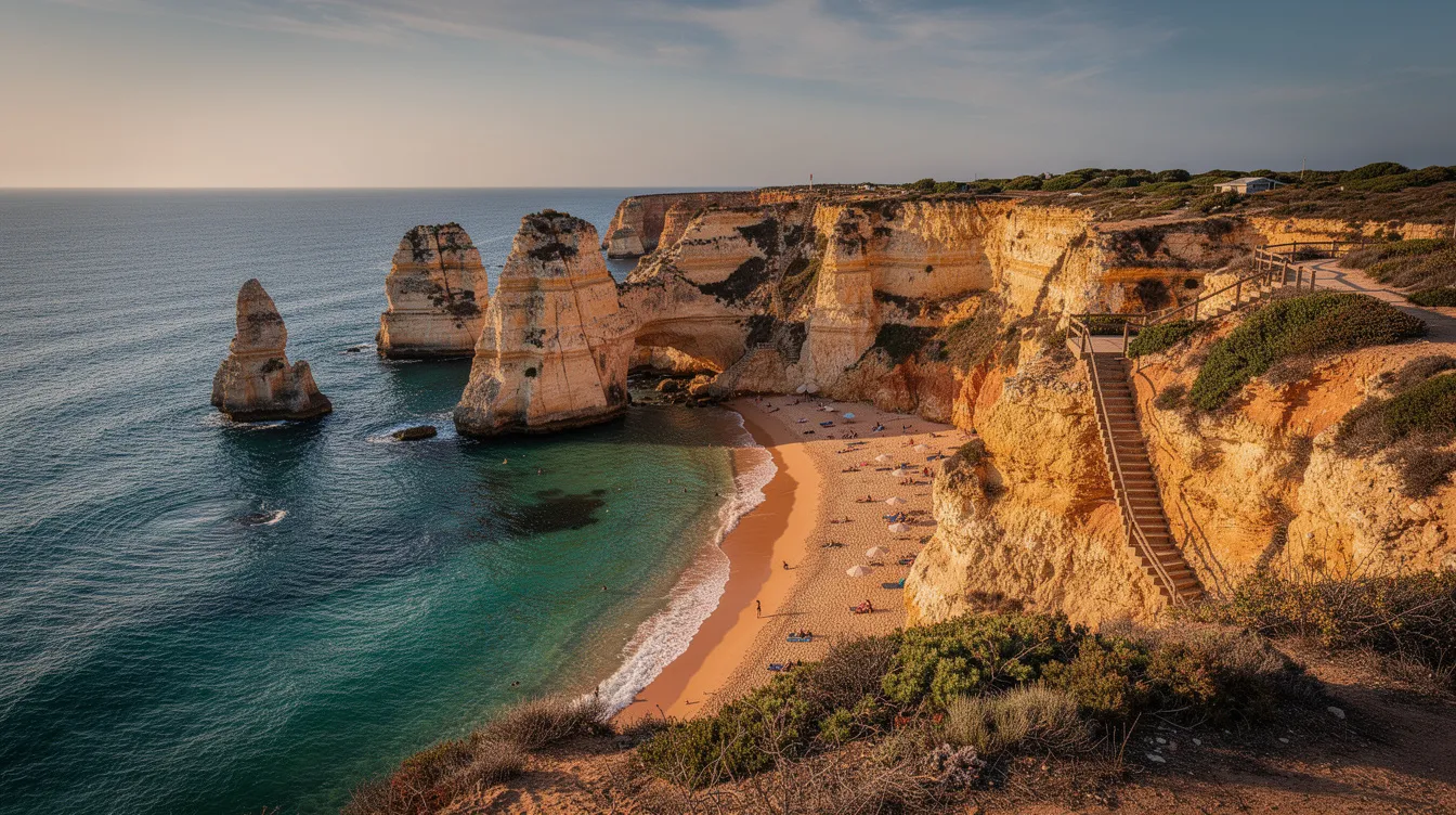 A imagem mostra a deslumbrante Praia da Marinha, uma das mais belas do Algarve, com suas falésias douradas e águas cristalinas. Ao fundo, é possível ver formações rochosas e barcos de passeio que exploram as grutas de Benagil, criando um cenário perfeito para os amantes da natureza e do turismo.