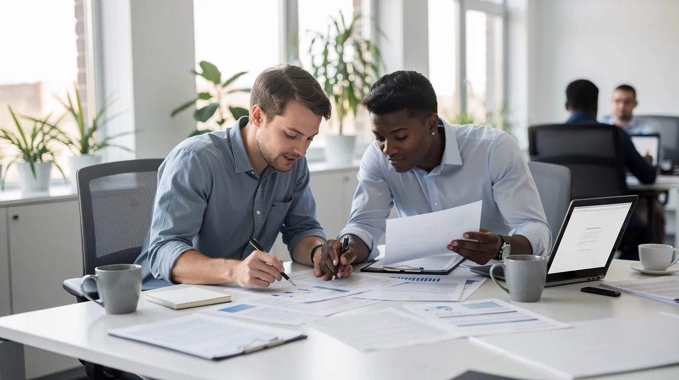 In a bright office, two individuals are seated at a desk, intently reviewing paperwork and documents related to their business plan. This scene captures the collaborative spirit of starting a business in Ireland, emphasizing the importance of market research and financial support in developing a successful business idea.