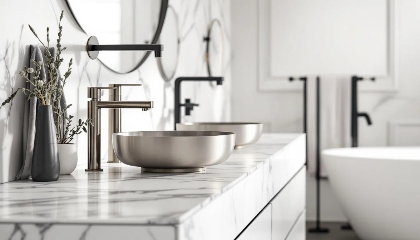 Material choices for bath fixtures, showcasing different textures and finishes.