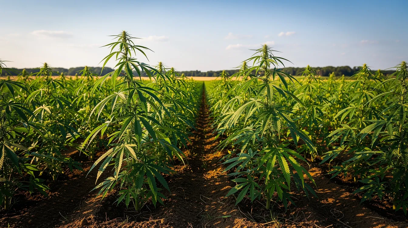 The image depicts lush green hemp plants thriving in an open agricultural field, bathed in sunlight. This vibrant scene highlights the natural growth of hemp, a key ingredient often associated with products like CBD gummies.