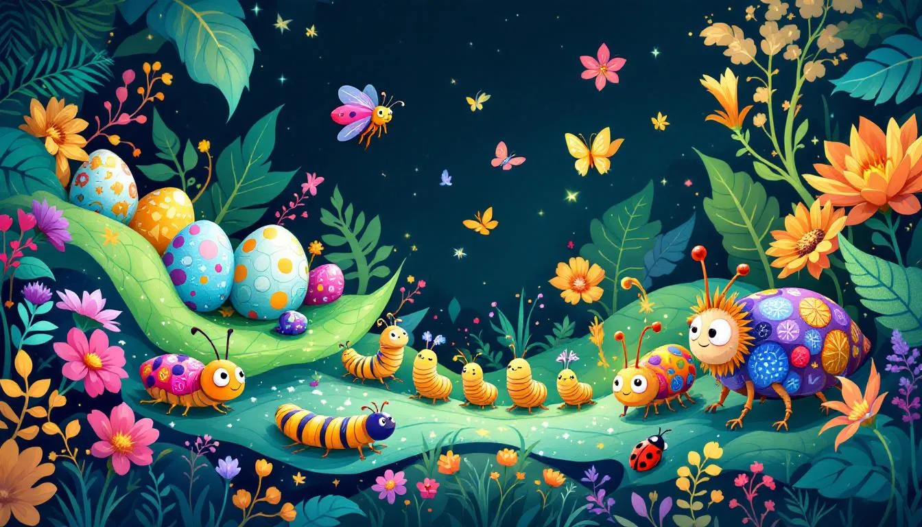 Different life stages of insects, including eggs, larvae, and adults.