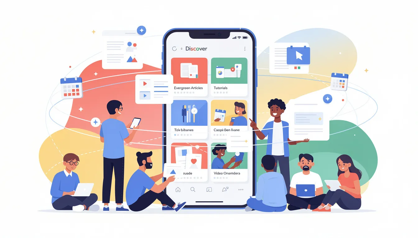 The image depicts the Google Discover interface on an Android device, showcasing a personalized feed filled with a variety of content types, including evergreen articles, tutorials, and videos. Users can tap on different stories to explore helpful content that remains relevant and engaging long after its initial publication.