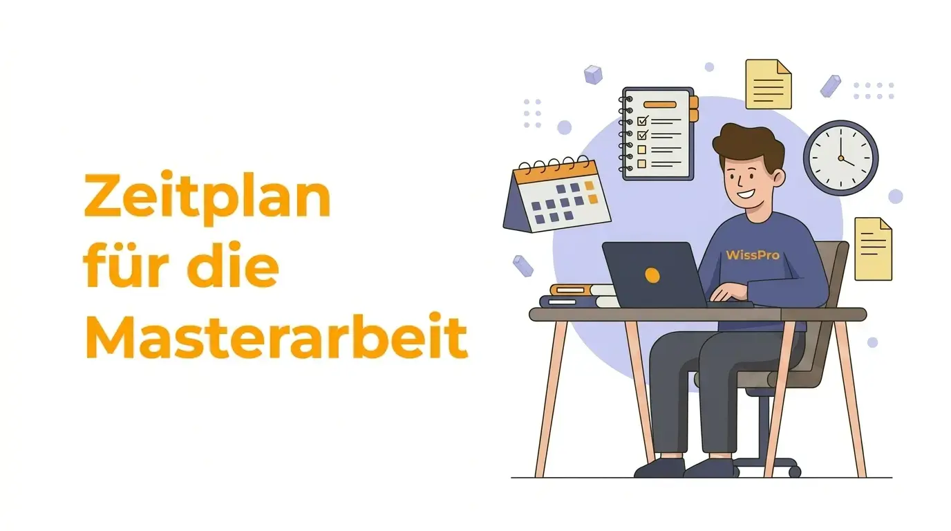 Illustration eines lächelnden Studenten am Schreibtisch, der an einem Laptop arbeitet. Um ihn herum schweben Symbole für Zeitmanagement: ein Kalender, eine Checkliste, eine Uhr und Dokumente. Text links: „Zeitplan für die Masterarbeit“. Auf seinem Pullover steht „WissPro“.