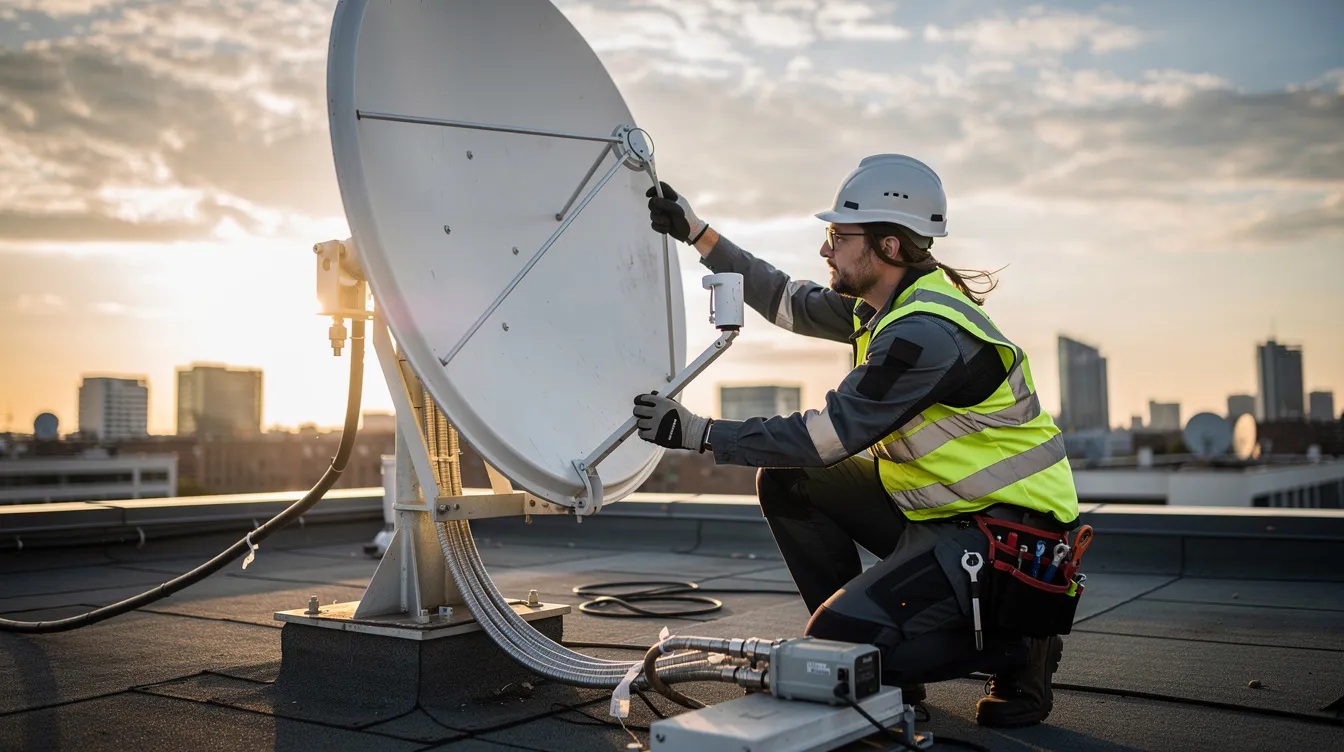 A technician is adjusting the alignment of a satellite dish on a rooftop, ensuring optimal signal reception for a DSTV installation. This professional service is part of the comprehensive DSTV installation services offered in Edgemead, aimed at providing customers with high-quality entertainment solutions.
