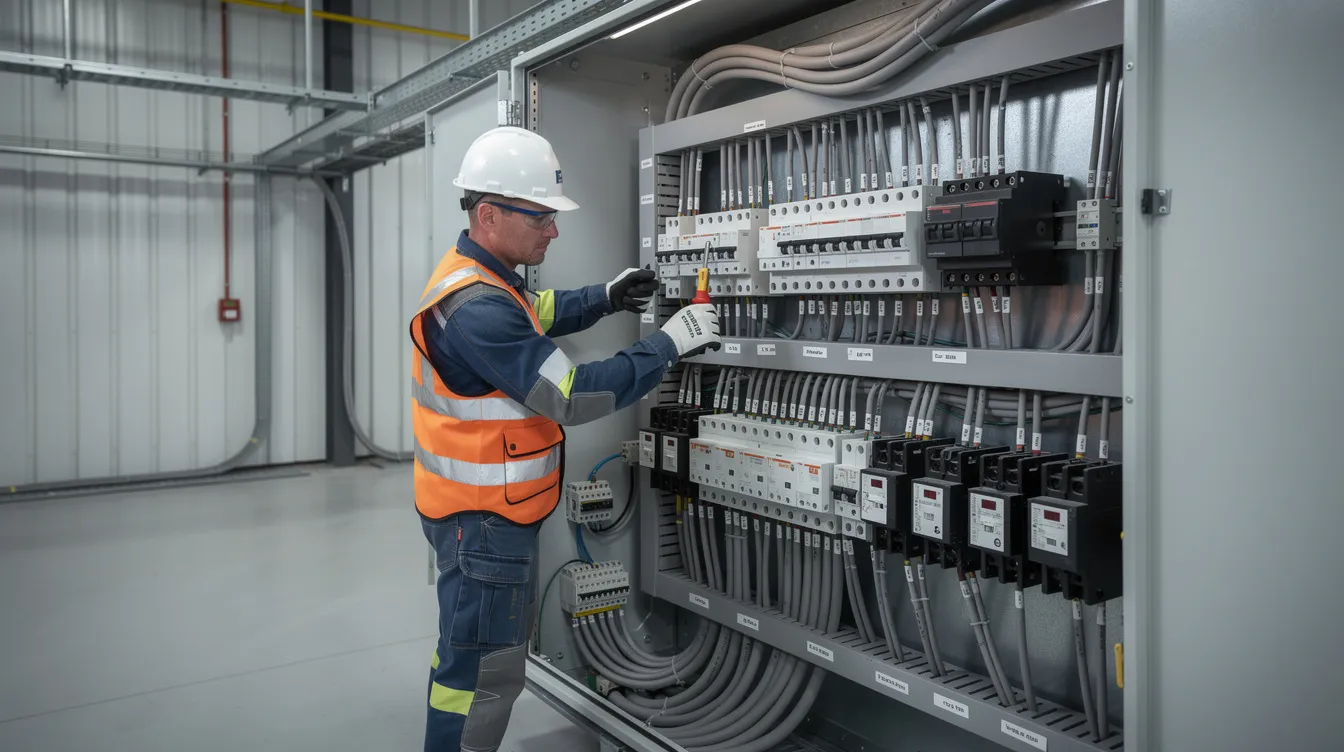 An electrician in safety gear is diligently working on an industrial wiring panel, surrounded by conduit and circuit breakers, showcasing the technical expertise required in skilled trades. This hands-on work is essential for maintaining electrical systems in high-demand careers within the industrial sector.