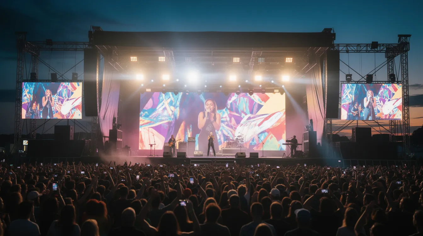 The image depicts a vibrant outdoor festival stage featuring performers in front of a large LED video wall, which enhances the visual experience with its high pixel density and crisp images. The audience can be seen standing at a distance under an evening sky, enjoying the performance while the LED display provides a colorful backdrop.
