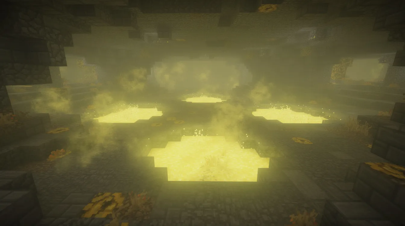 The image depicts the eerie atmosphere of Minecraft's sulfur caves, featuring a thick yellow fog that envelops the area, with distinct sulfur springs creating small pools that contrast sharply against the surrounding stone and deepslate blocks. Players must navigate carefully through these noxious pools, as the dizziness effect from the sulfur springs can make it challenging to find their way in this unique underground biome.
