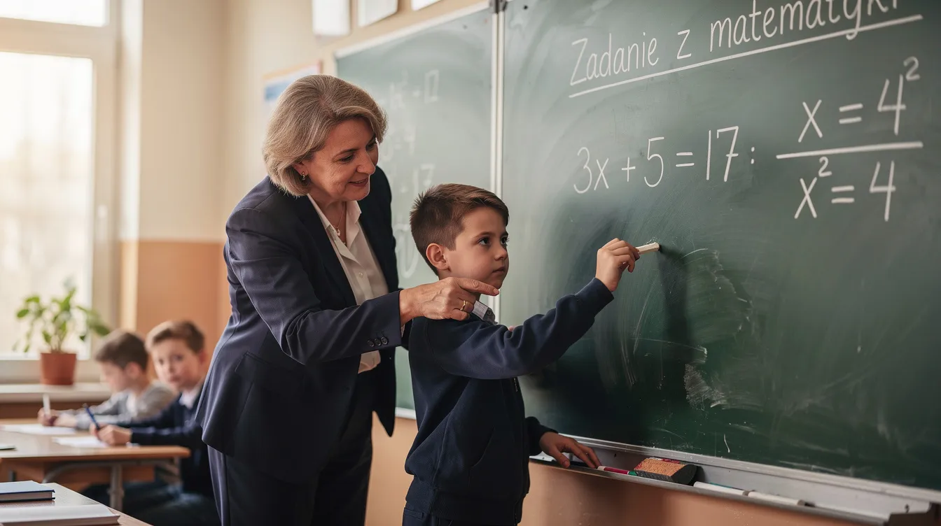 Na obrazku widzimy ucznia rozwiązującego zadanie matematyczne przy tablicy, z pomocą nauczyciela wspomagającego, kt&oacute;ry udziela dodatkowych wskaz&oacute;wek dotyczących wykonania zadania. Scena ilustruje codzienną pracę nauczyciela oraz zaangażowanie ucznia w proces kształcenia.