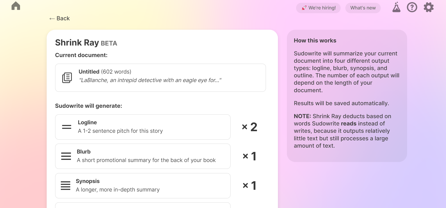 Sudowrite Shrink Ray Tool