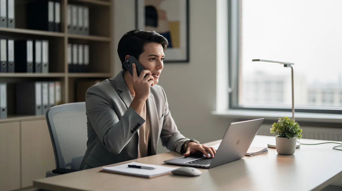The image depicts a professional office setting where a person is engaged in a phone conversation at their desk, likely discussing legal matters. This scene reflects the legal profession, highlighting the importance of seeking legal assistance and the complexities involved in navigating the legal system.