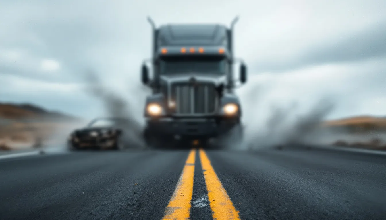 A blurred image of a truck accident scene, illustrating the need for a truck accident lawyer in Colorado.