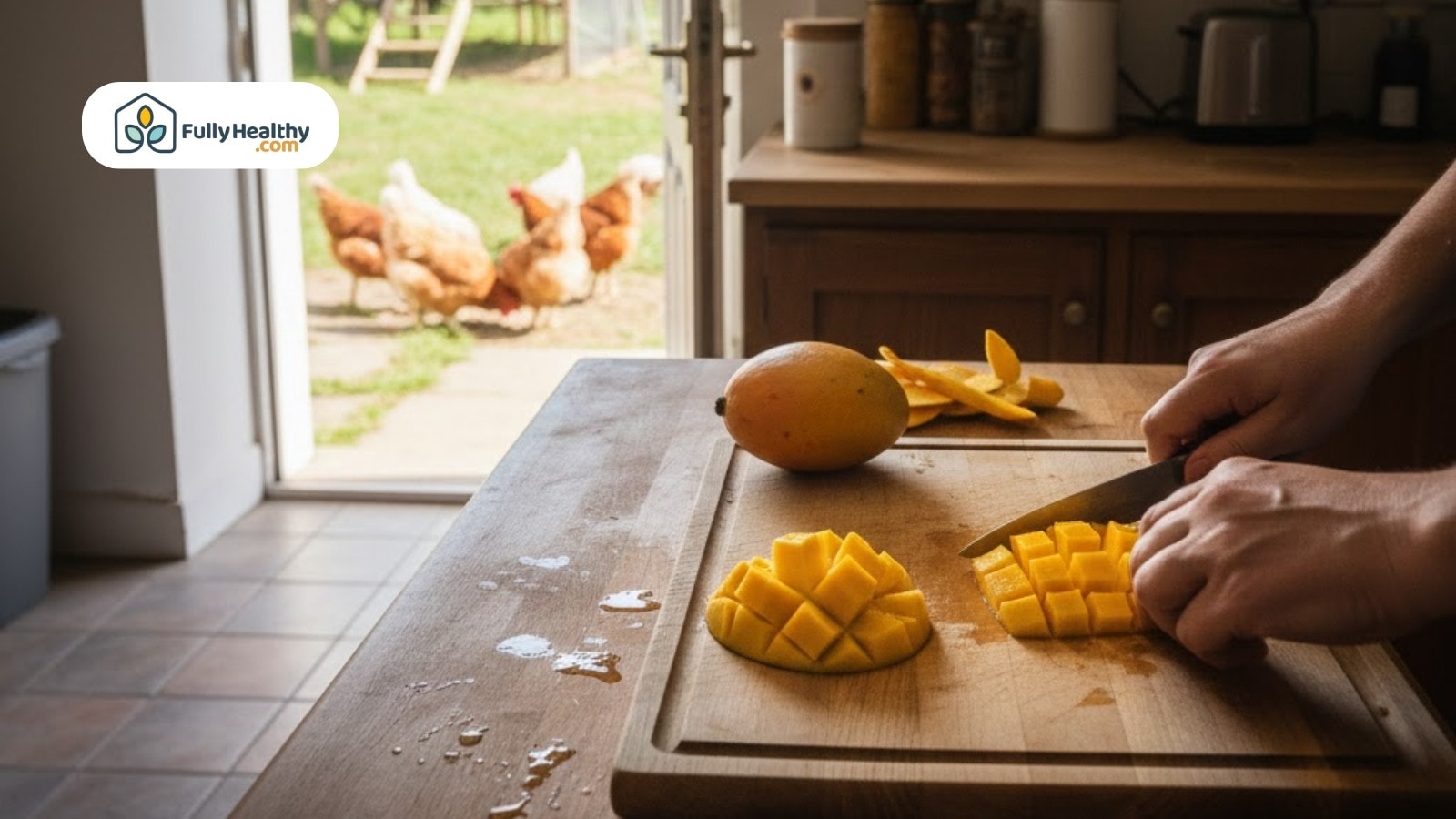 Sliced mango being prepared on kitchen counter while chickens roam outside