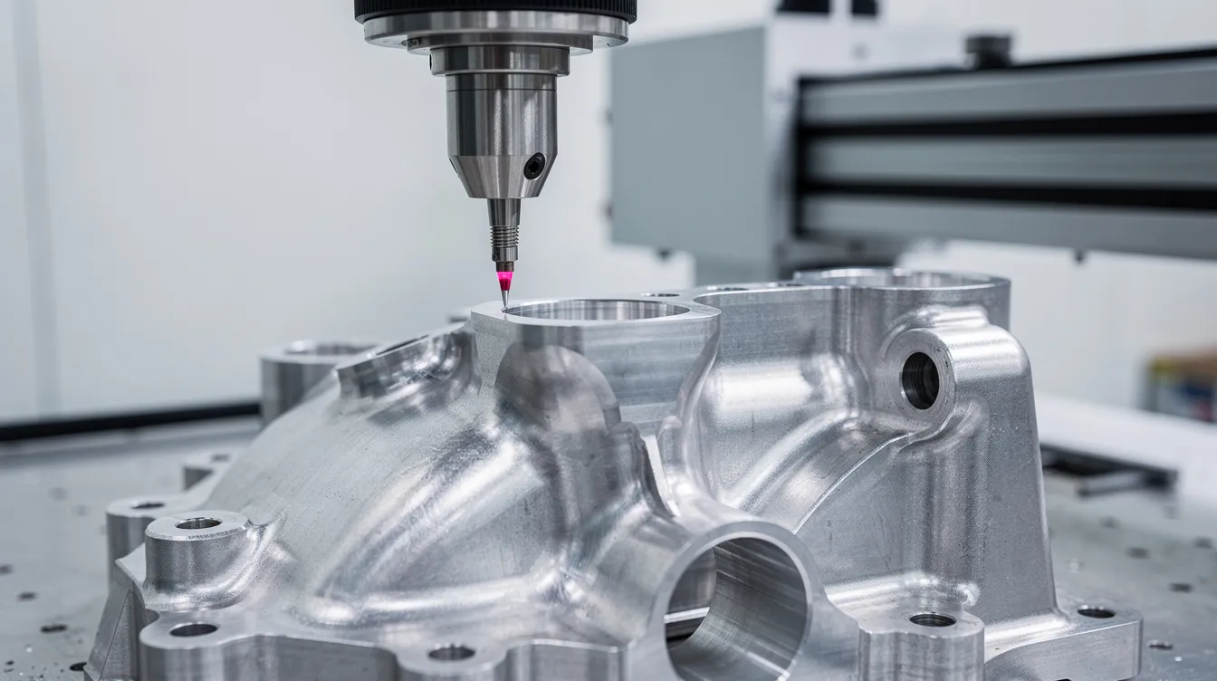 A coordinate measuring machine probe is delicately touching a complex metal aerospace component during a dimensional inspection, ensuring adherence to high quality standards in the aerospace industry. This process is crucial for quality assurance and compliance with AS9100 certification, highlighting the importance of precision in aerospace manufacturing.