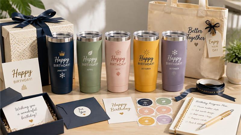 Birthday month tumbler series in six colors with matching greeting cards, tags, and gift bags