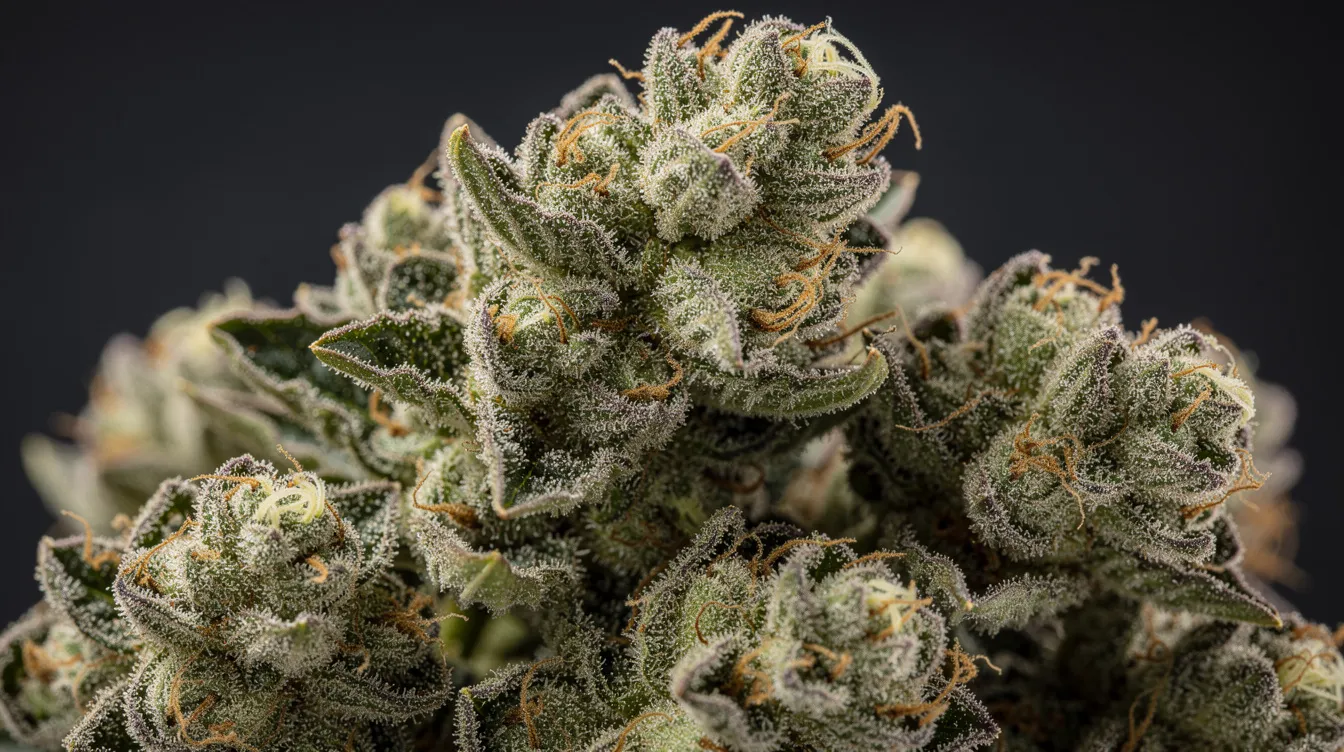 A close-up photograph showcases dense, frosty cannabis buds with vibrant lime-green hues and bright orange pistils, set against a dark background. The intricate details highlight the strain's complex terpene profile, reminiscent of citrus and sweet notes, often found in popular varieties like lemon gelato and sunset sherbet.