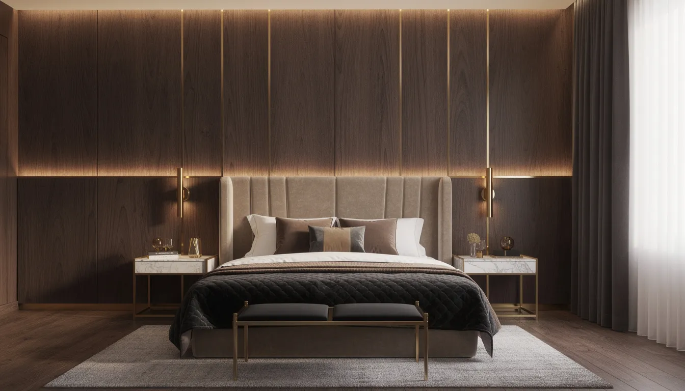 Een luxe slaapkamer met donkere walnoot wandpanelen en gouden accenten, die een warme en stijlvolle sfeer creëert. De akoestische wandpanelen zorgen voor een goede akoestiek en maken de ruimte tot een rustige omgeving.