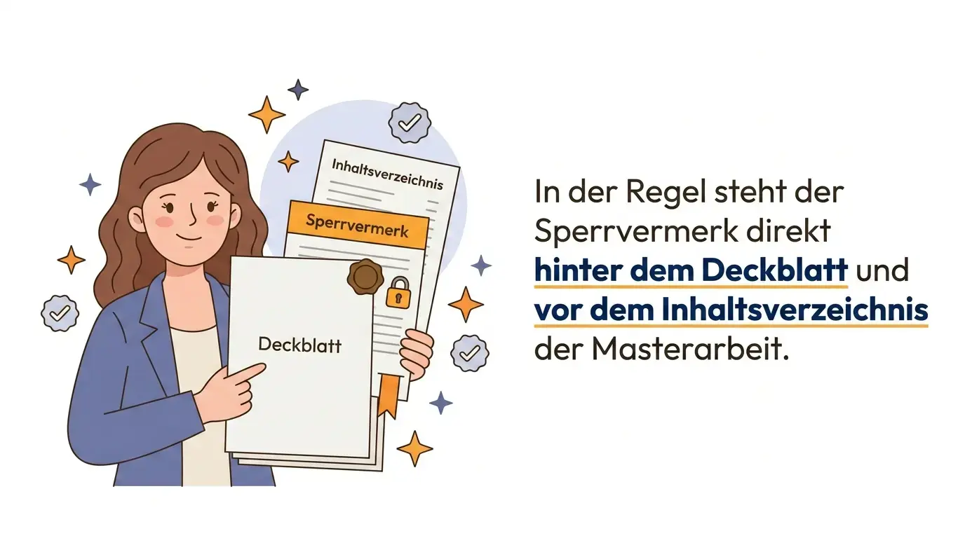 Der Sperrvermerk wird in der Regel direkt hinter dem Deckblatt und vor dem Inhaltsverzeichnis der Masterarbeit platziert