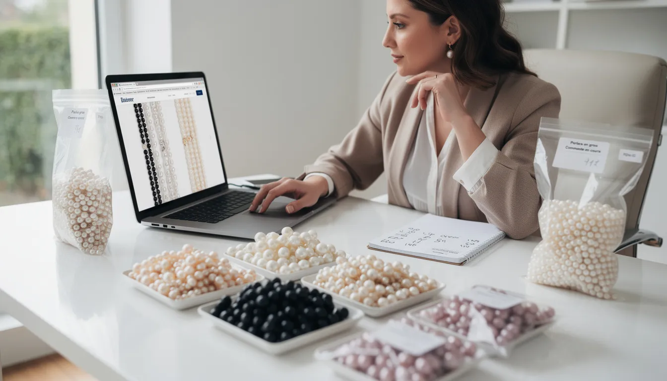 Une image représentant un site de vente en ligne où l'on peut commander des perles en gros, avec une sélection de bijoux fantaisie, breloques et pendentifs en acier inoxydable et en verre. On y voit également des catégories d'articles pour la création de bijoux, mettant en avant les tendances et les nouveautés disponibles.