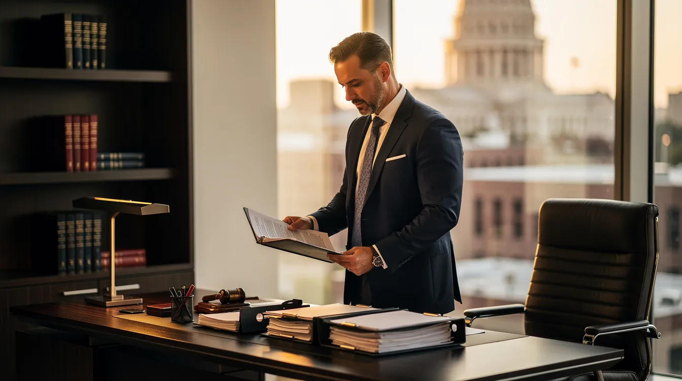 The image depicts an attractive male criminal defense lawyer in a modern Nashville office, intently reviewing legal documents and case evidence. He is dressed in a professional suit, surrounded by a sophisticated law firm aesthetic, with a subtle hint of the Nashville skyline in the background, conveying a strong and intelligent atmosphere.