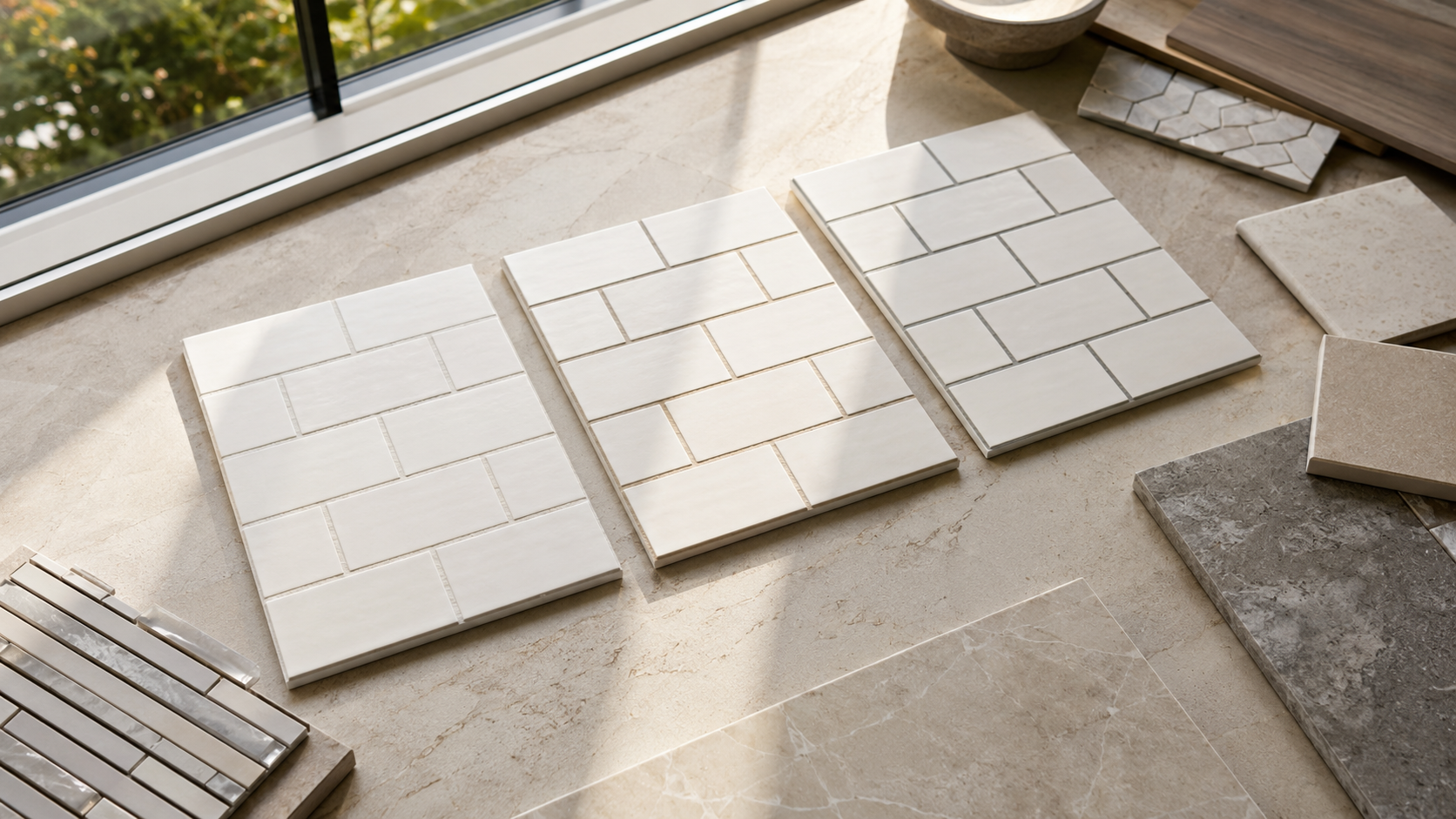 Three white tile sample boards comparing warm white, greige and grey grout colors.