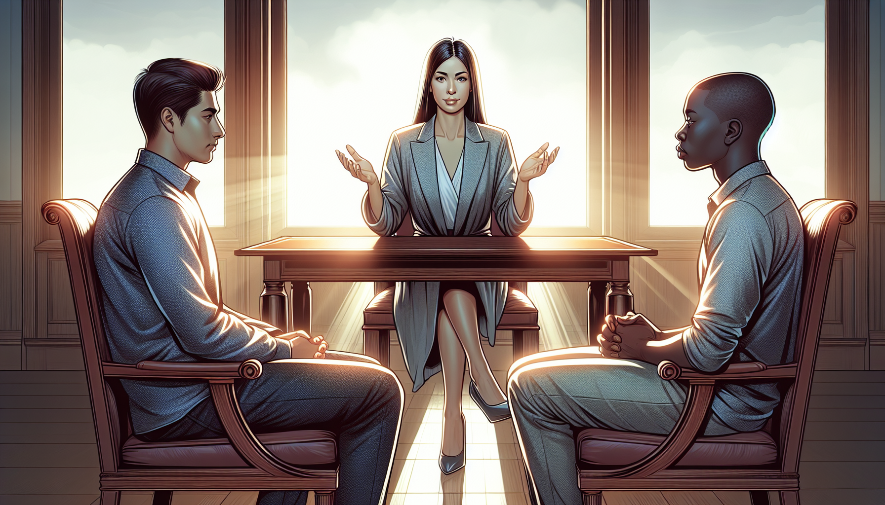 Illustration of a mediator facilitating communication between parties during family law mediation