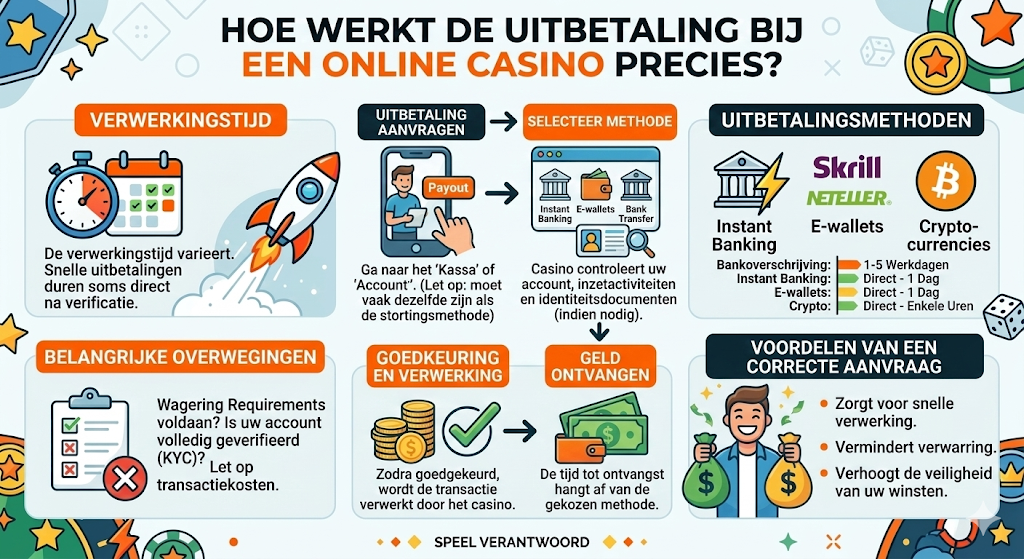 Infographic die uitlegt hoe een uitbetaling aanvragen bij een online casino werkt, van aanvraag en verificatie (KYC) tot direct uitbetalen via e-wallets zoals Skrill en Neteller of bankoverschrijving bij snelst uitbetalende online casino’s.