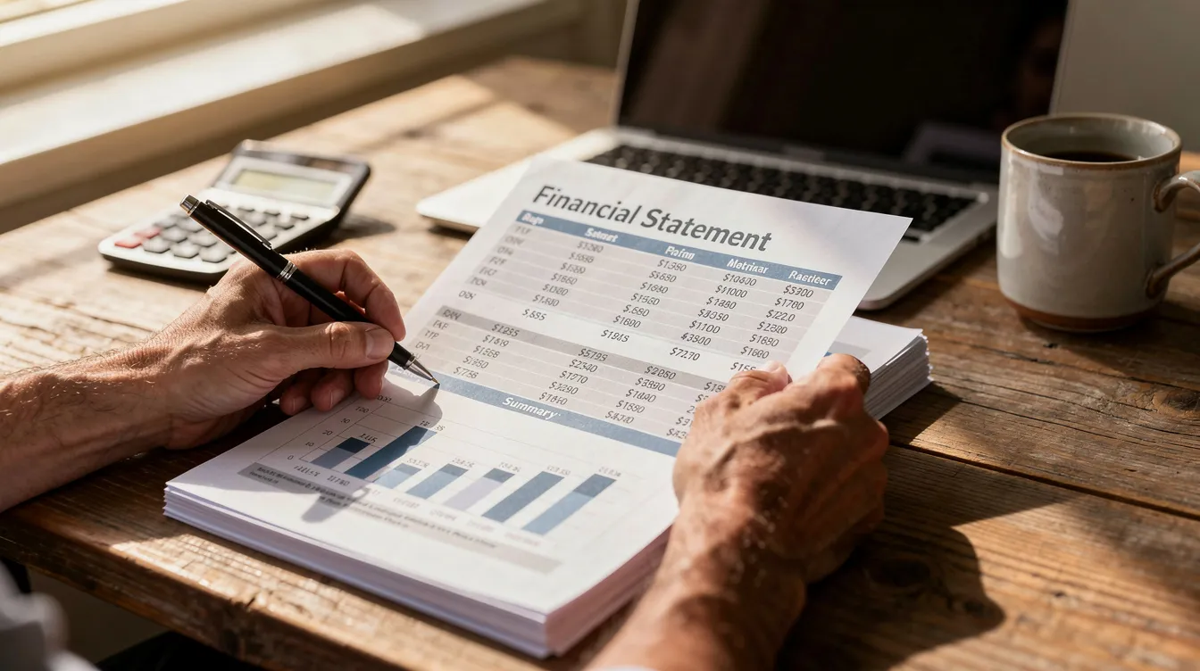 A close-up view of hands examining various financial documents on a wooden desk, highlighting the importance of understanding credit history and personal credit scores for small business owners seeking a business loan. The paperwork includes bank statements and tax returns, essential for the loan application process and securing favorable financing options.